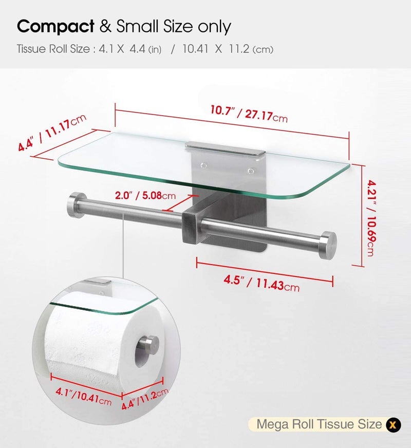J JACKCUBE DESIGN JackCubeDesign Double Toilet Paper Holder with Glass Shelf, Wall Mount Stainless Steel Dual Tissue Dispenser Holders for Bathroom (Glass Type2) - MK428D - Image 5